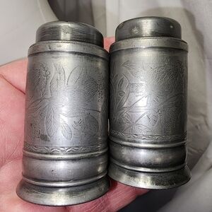 Vintage Pewter Salt & Pepper Shakers with etched floral designs.